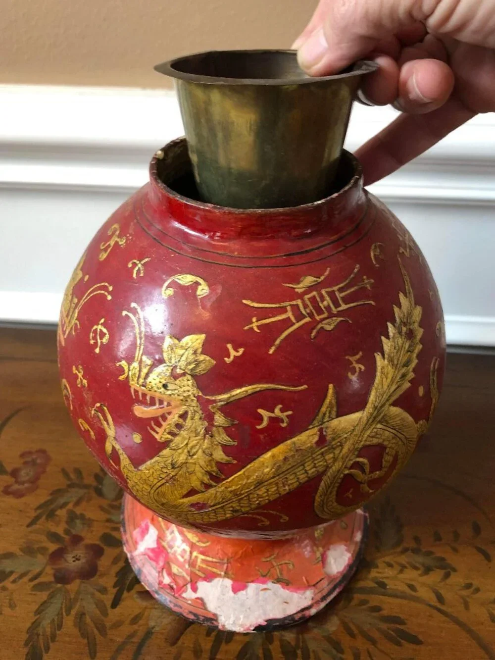 Antique Asian Sadek Sons paper mache red gold dragon vase - as is
